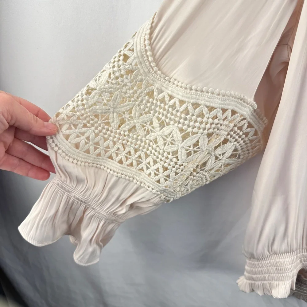 NEW Rachel Zoe Cream Satin Peasant Blouse Crochet Smocked Medium Boho Small Flaw - Picture 2 of 8